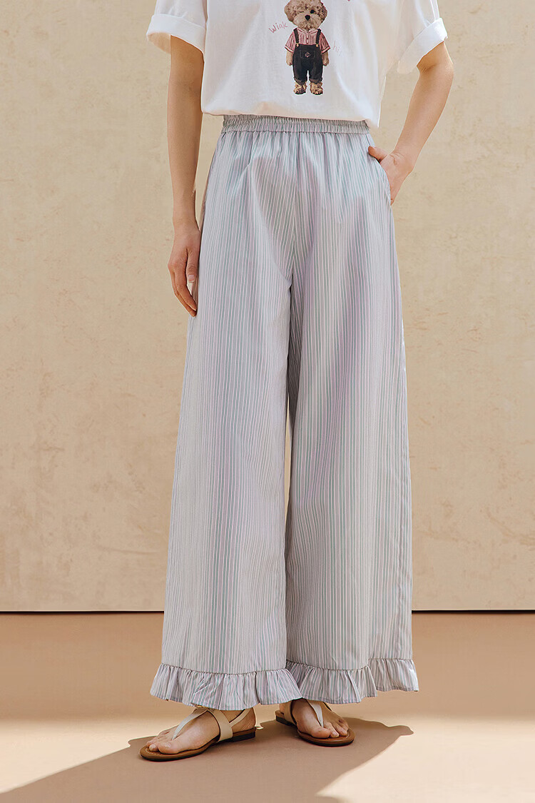 INMAN Lyocell Cotton Vintage Striped Wide-Leg Pants 2026 Summer Women's New Elastic Waist Ruffle Trousers 2